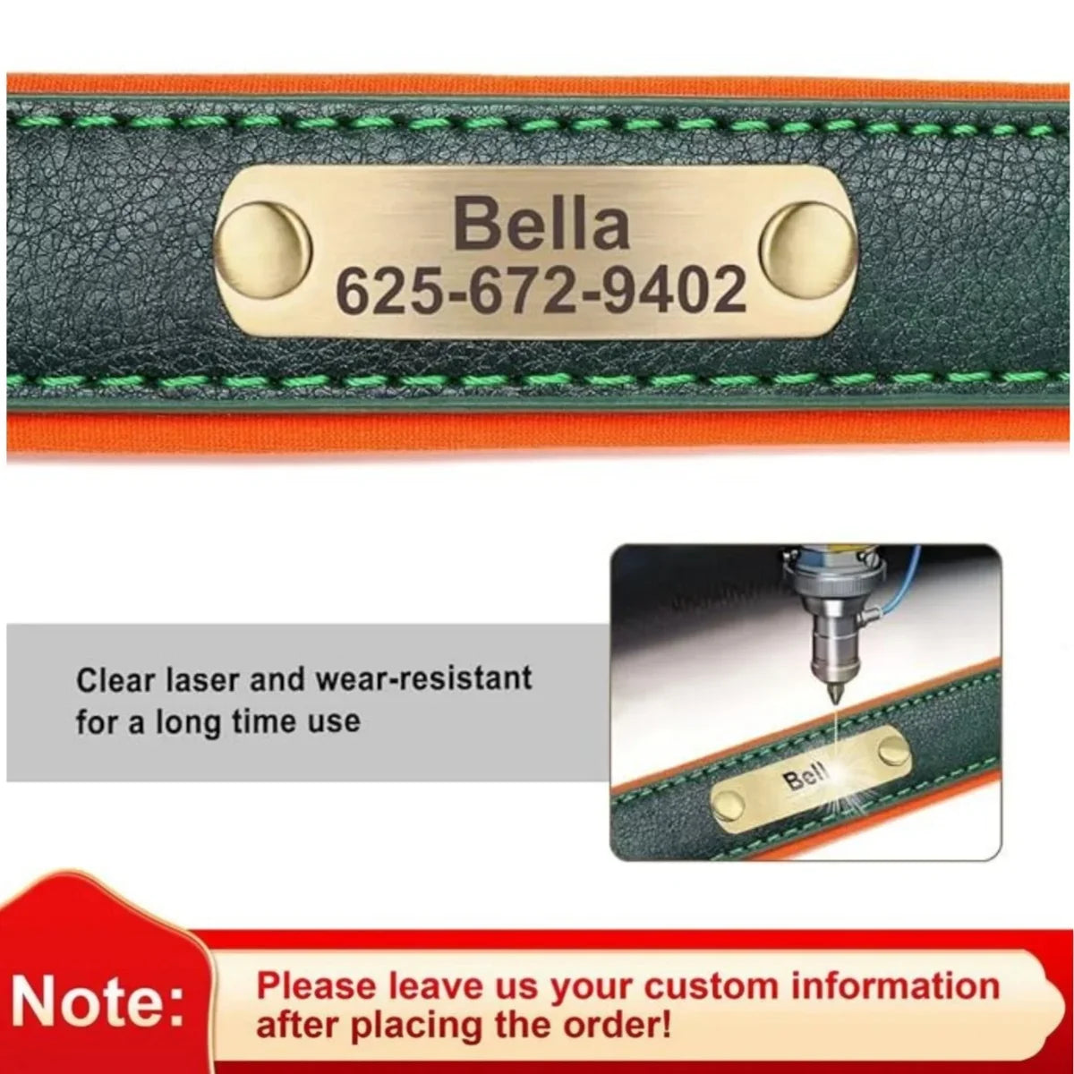 Customized Leather Dog Collar & Leash with Free Engraved Nameplate