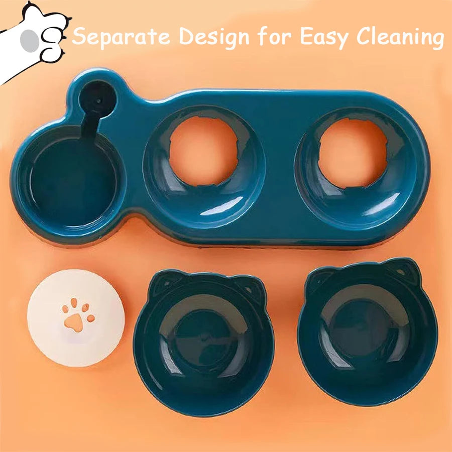 Triple Cat Bowls Pet Feeder with Automatic Drinking Bottle