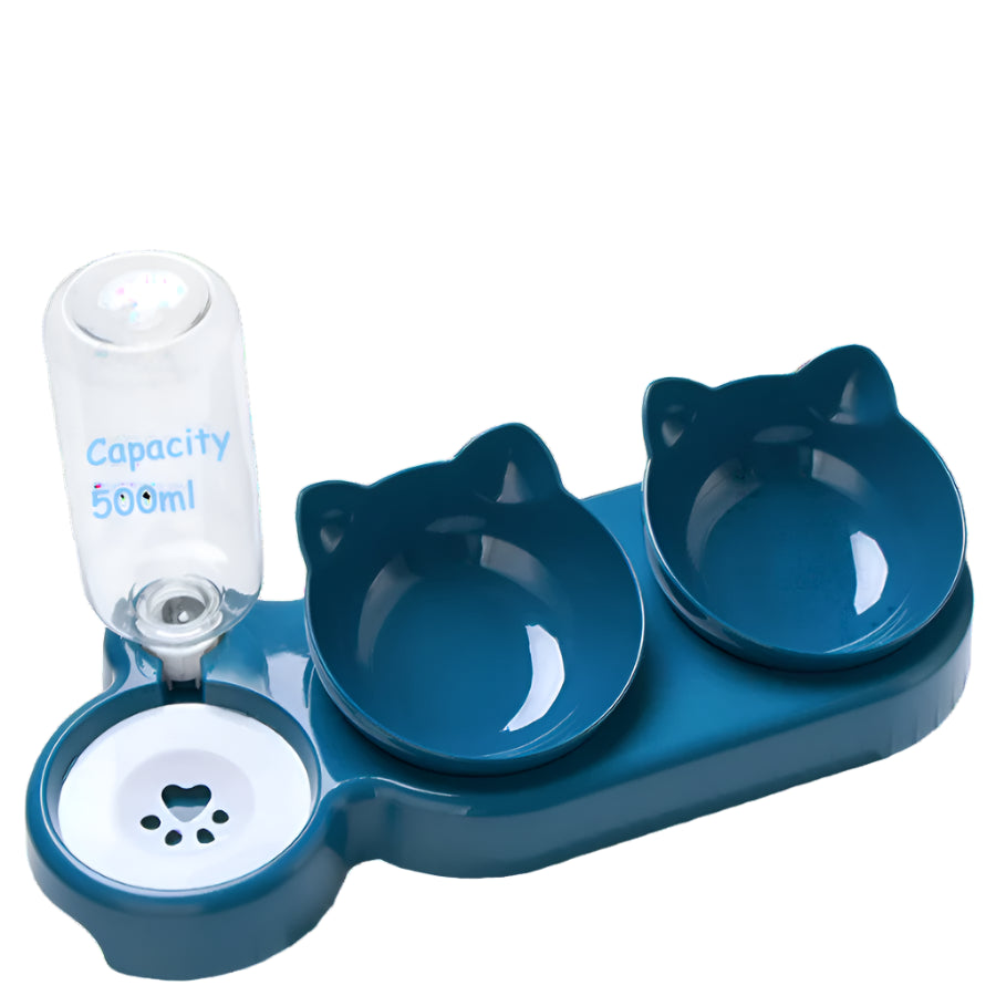 Triple Cat Bowls Pet Feeder with Automatic Drinking Bottle